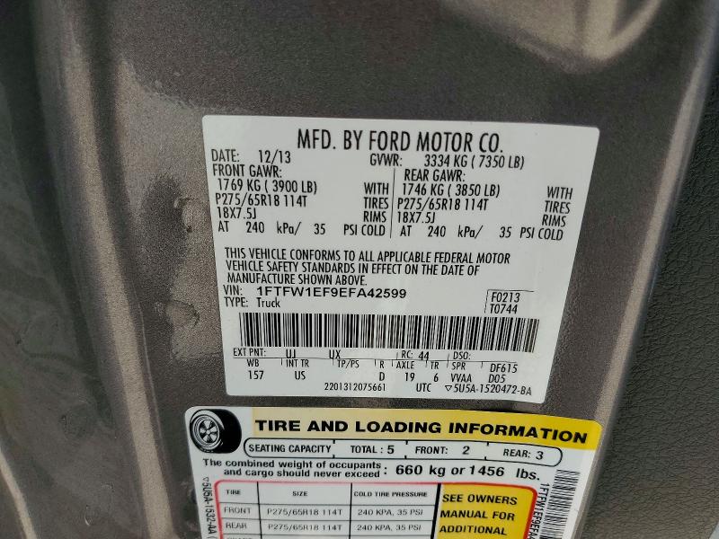 55537976 :رقم المزاد ، 1FTFW1EF9EFA42599 vin ، 2014 Ford F150 مزاد بيع