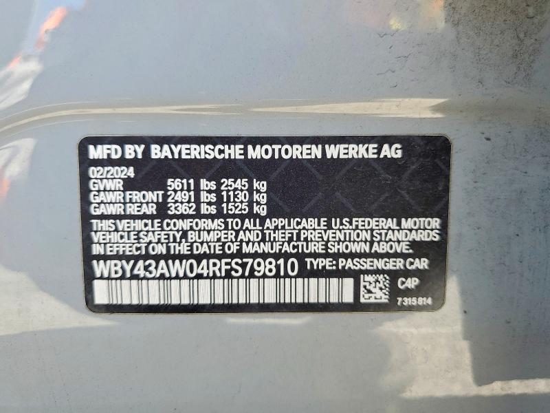 Aukcja sprzedaży 2024 Bmw I4, vin: WBY43AW04RFS79810, numer aukcji: 53552406