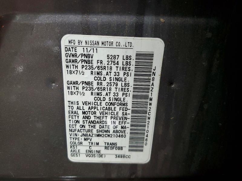 2012 Nissan Murano მანქანა იყიდება აუქციონზე, vin: JN8AZ1MW2CW210460, აუქციონის ნომერი: 51903376