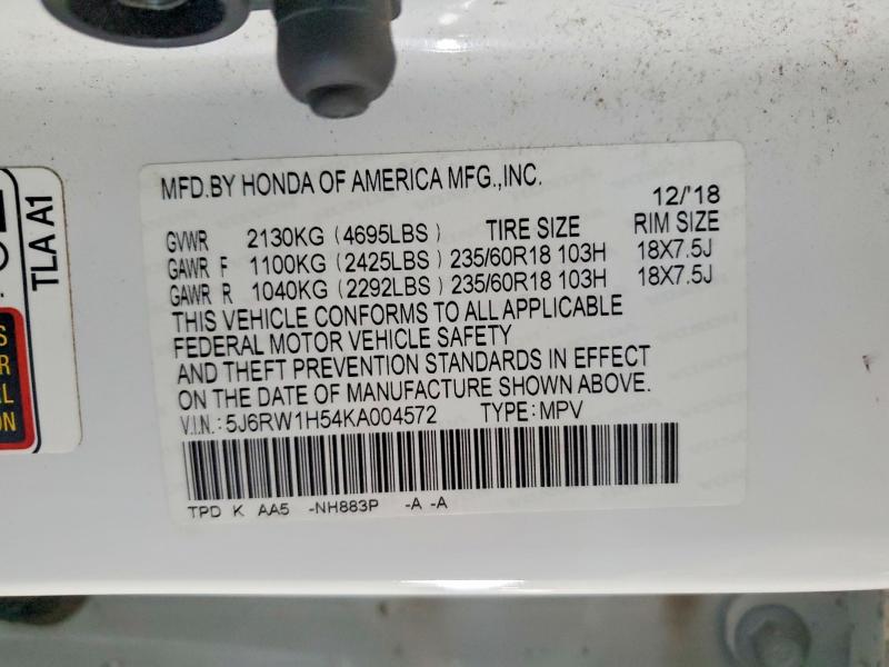 54527846 :رقم المزاد ، 5J6RW1H54KA004572 vin ، 2019 Honda Cr-v مزاد بيع