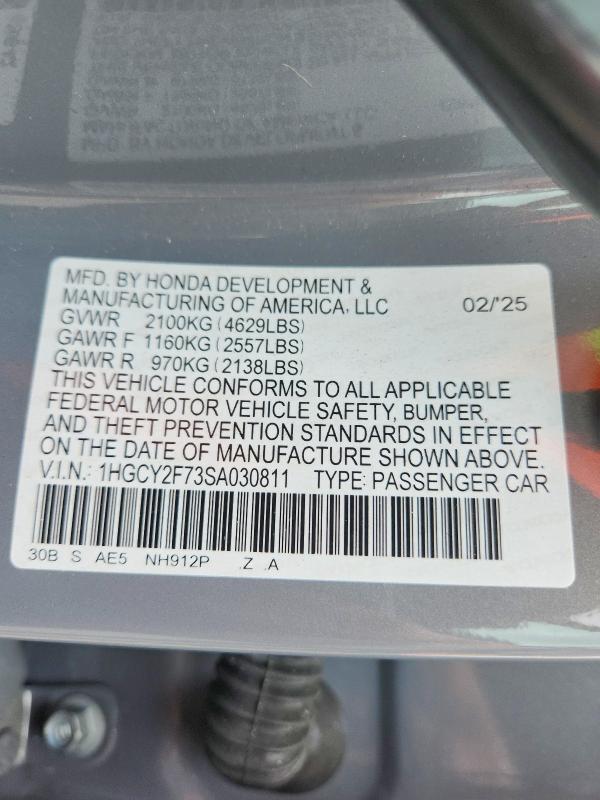 2025 Honda Accord მანქანა იყიდება აუქციონზე, vin: 1HGCY2F73SA030811, აუქციონის ნომერი: 54780666