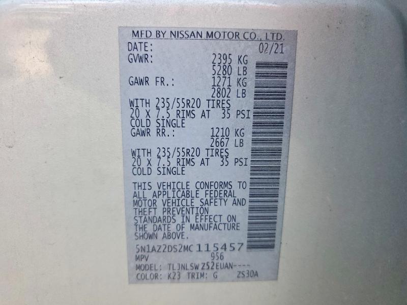 53530836 :رقم المزاد ، 5N1AZ2DS2MC115457 vin ، 2021 Nissan Murano مزاد بيع