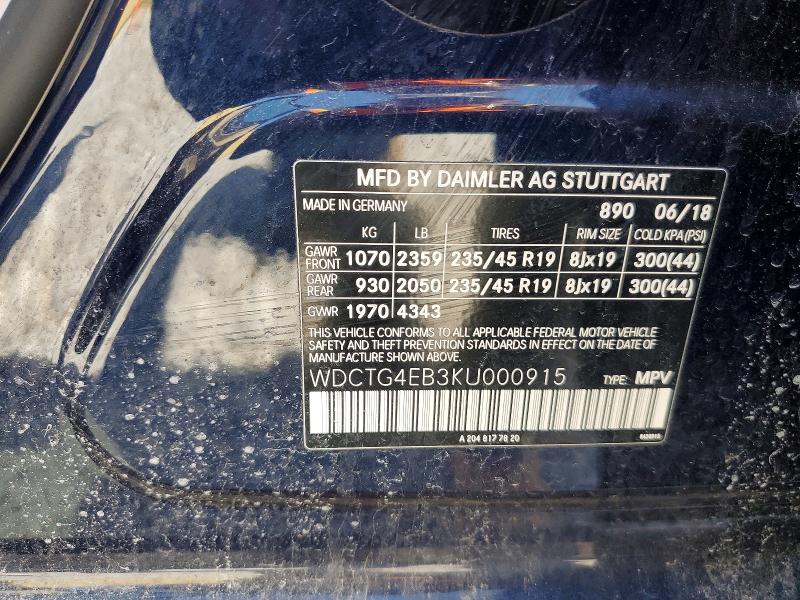 Aukcja sprzedaży 2019 Mercedes-benz Gla, vin: WDCTG4EB3KU000915, numer aukcji: 52300646