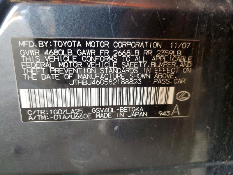 Продажа на аукционе авто 2008 Lexus Es, vin: JTHBJ46G582188823, номер лота: 53812556