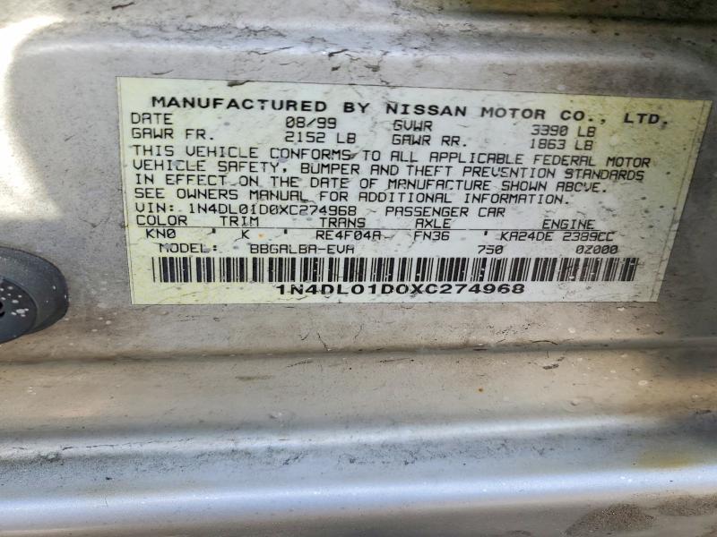 1999 Nissan Altima მანქანა იყიდება აუქციონზე, vin: 1N4DL01D0XC274968, აუქციონის ნომერი: 54083116