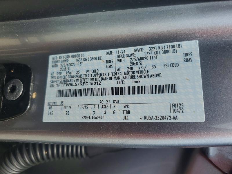 2024 Ford F150 მანქანა იყიდება აუქციონზე, vin: 1FTFW5L57RFC15012, აუქციონის ნომერი: 52571396