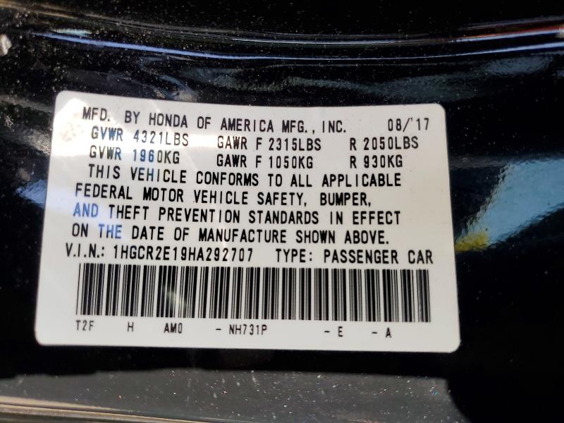 2017 Honda Accord მანქანა იყიდება აუქციონზე, vin: 1HGCR2E19HA292707, აუქციონის ნომერი: 53574576