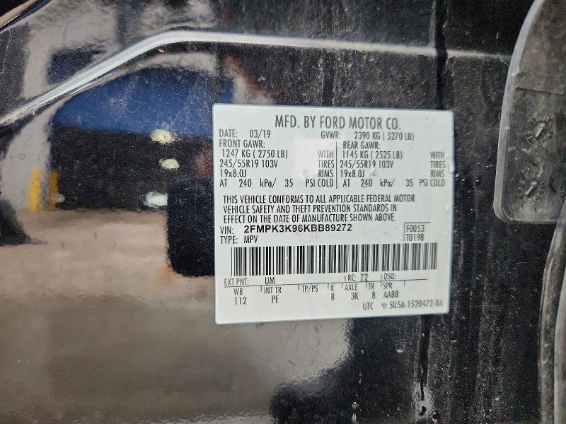 54311826 :رقم المزاد ، 2FMPK3K96KBB89272 vin ، 2019 Ford Edge مزاد بيع