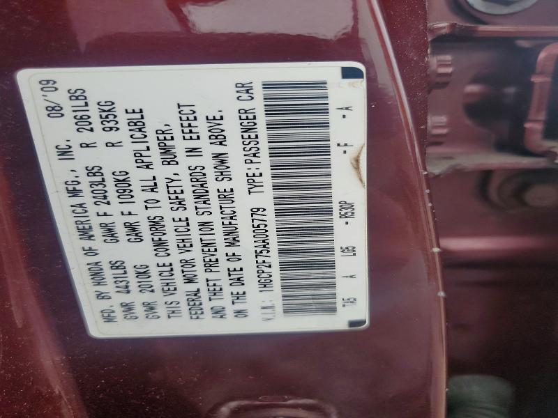54956036 :رقم المزاد ، 1HGCP2F75AA005779 vin ، 2010 Honda Accord مزاد بيع