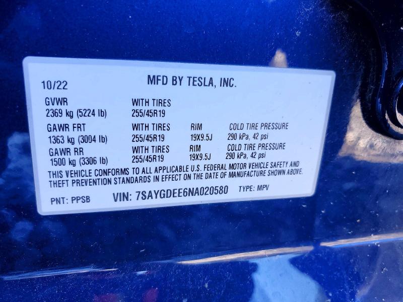 Aukcja sprzedaży 2022 Tesla Y, vin: 7SAYGDEE6NA020580, numer aukcji: 54341666