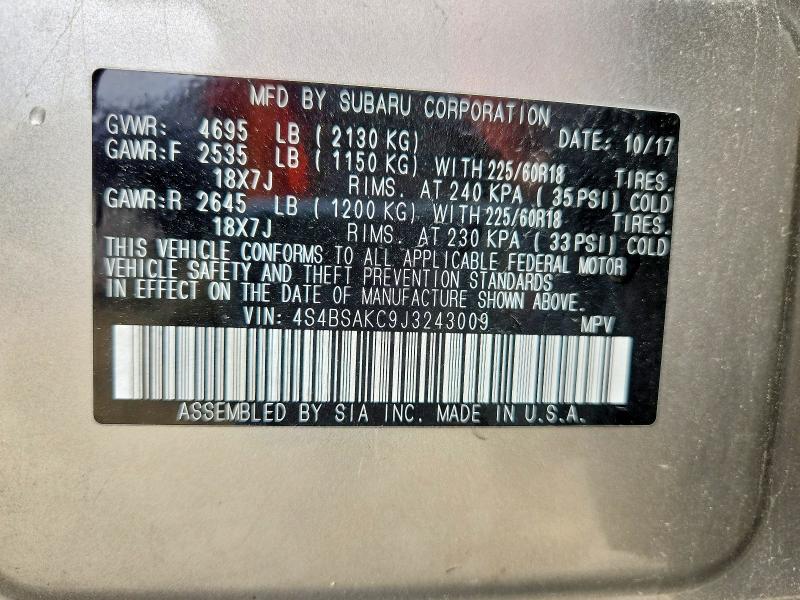 Продажа на аукционе авто 2018 Subaru Outback, vin: 4S4BSAKC9J3243009, номер лота: 54957086