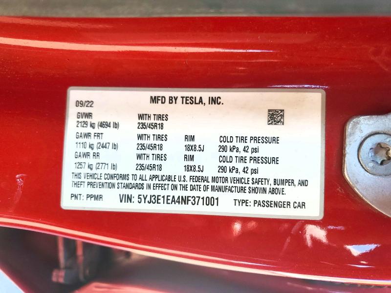 2022 Tesla Model 3 მანქანა იყიდება აუქციონზე, vin: 5YJ3E1EA4NF371001, აუქციონის ნომერი: 52660056