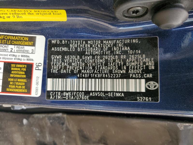 2015 Toyota Camry მანქანა იყიდება აუქციონზე, vin: 4T4BF1FK8FR452237, აუქციონის ნომერი: 55015916