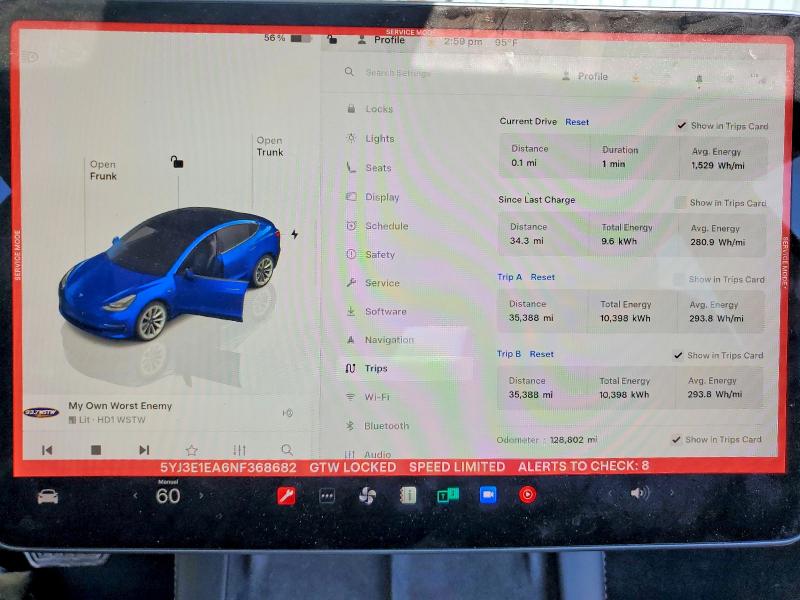 2022 Tesla Model 3 მანქანა იყიდება აუქციონზე, vin: 5YJ3E1EA6NF368682, აუქციონის ნომერი: 54282396