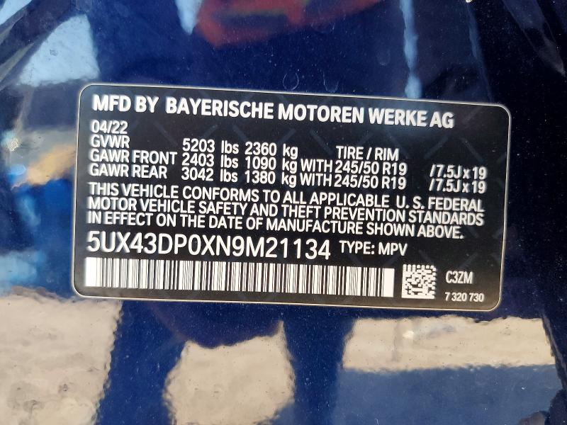 2022 Bmw X3 მანქანა იყიდება აუქციონზე, vin: 5UX43DP0XN9M21134, აუქციონის ნომერი: 53090746
