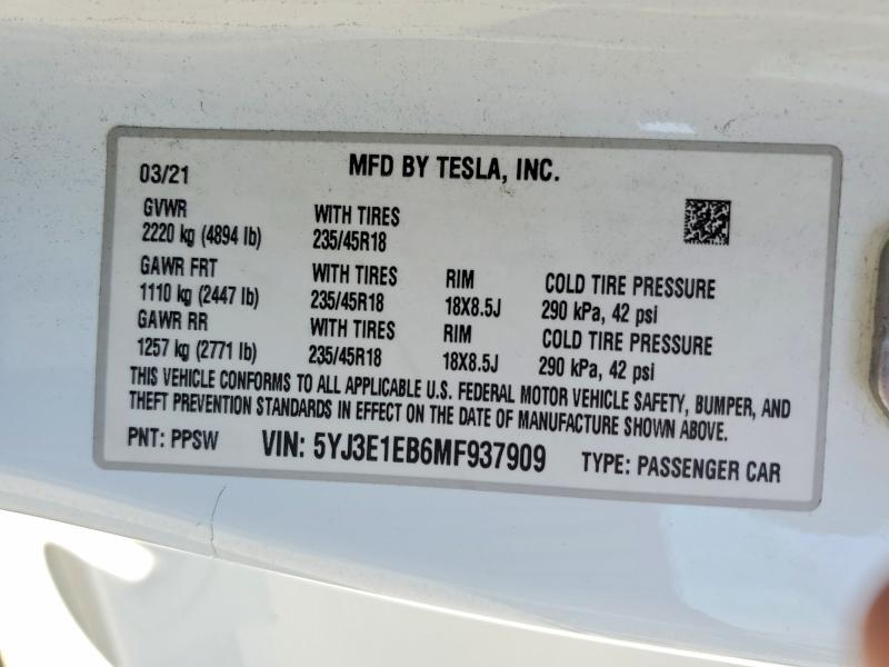 Продажа на аукционе авто 2021 Tesla Model 3, vin: 5YJ3E1EB6MF937909, номер лота: 53603836