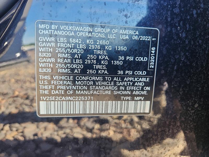 53755446 :رقم المزاد ، 1V2SE2CA9NC225371 vin ، 2022 Volkswagen Atlas مزاد بيع