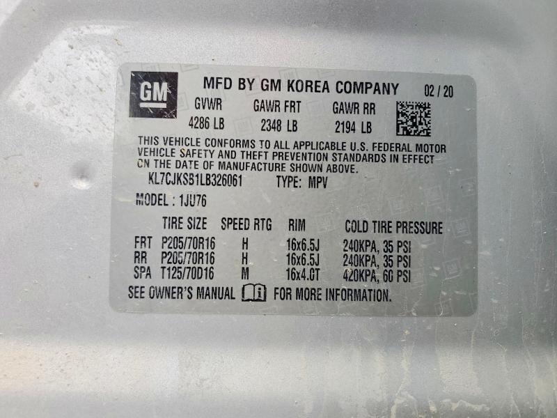 53667286 :رقم المزاد ، KL7CJKSB1LB326061 vin ، 2020 Chevrolet Trax مزاد بيع