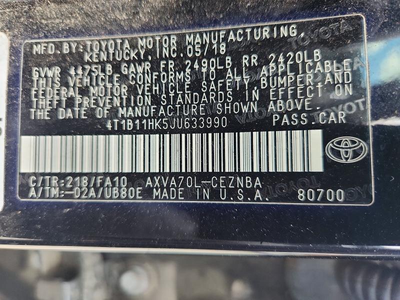 2018 Toyota Camry მანქანა იყიდება აუქციონზე, vin: 4T1B11HK5JU633990, აუქციონის ნომერი: 54213996