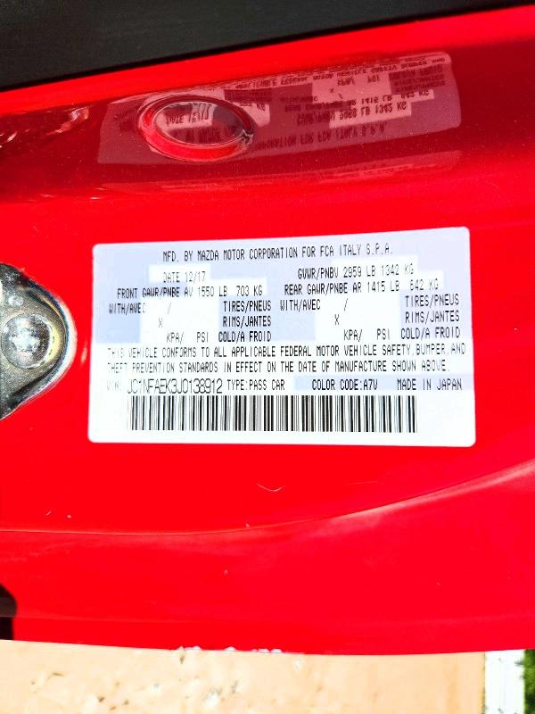 2018 Fiat 124 Spider მანქანა იყიდება აუქციონზე, vin: JC1NFAEK3J0138912, აუქციონის ნომერი: 52224676