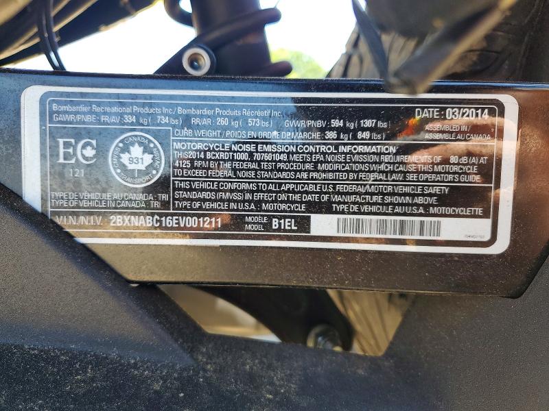52271496 :رقم المزاد ، 2BXNABC16EV001211 vin ، 2014 Can-am Spyder Roadster مزاد بيع