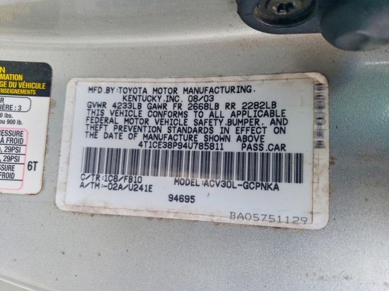 2004 Toyota Camry Solara მანქანა იყიდება აუქციონზე, vin: 4T1CE38P94U785811, აუქციონის ნომერი: 53597246