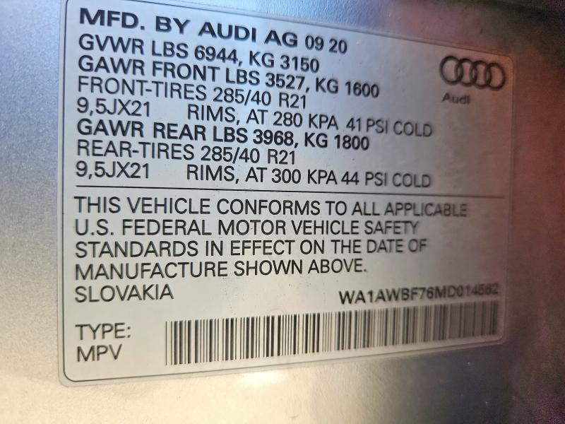 Продажа на аукционе авто 2021 Audi Sq7, vin: WA1AWBF76MD014562, номер лота: 54151286