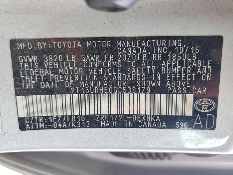 52011496 :رقم المزاد ، 2T1BURHE0GC538179 vin ، 2016 Toyota Corolla مزاد بيع