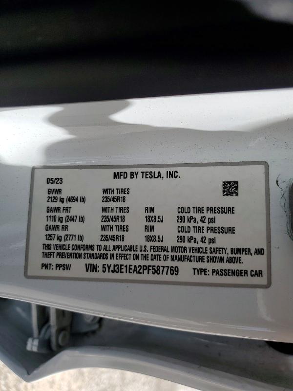54109496 :رقم المزاد ، 5YJ3E1EA2PF587769 vin ، 2023 Tesla Model 3 مزاد بيع