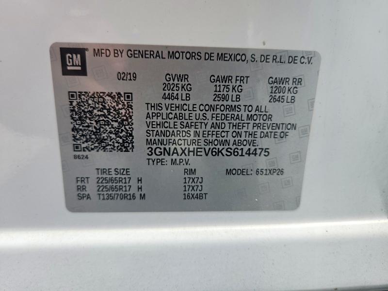 Aukcja sprzedaży 2019 Chevrolet Equinox, vin: 3GNAXHEV6KS614475, numer aukcji: 54901806