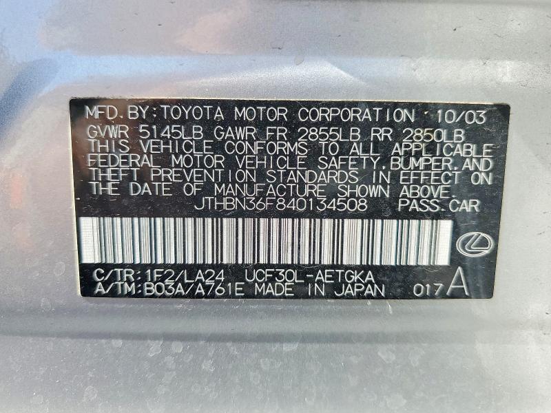 52769236 :رقم المزاد ، JTHBN36F840134508 vin ، 2004 Lexus Ls مزاد بيع