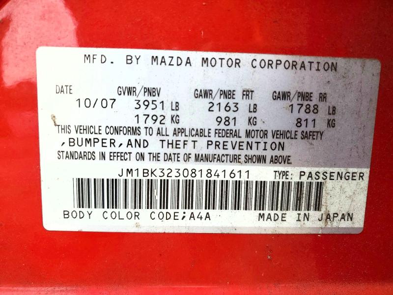 Продажа на аукционе авто 2008 Mazda 3, vin: JM1BK323081841611, номер лота: 51158196