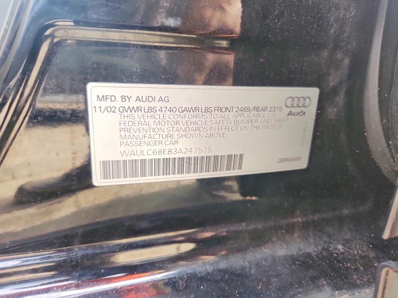 Aukcja sprzedaży 2003 Audi A4, vin: WAULC68E83A247575, numer aukcji: 54088516