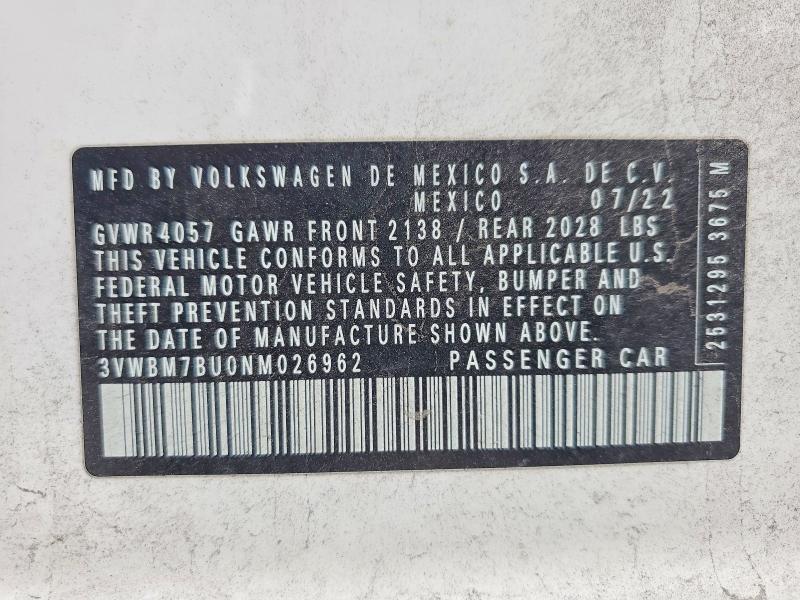 53536146 :رقم المزاد ، 3VWBM7BU0NM026962 vin ، 2022 Volkswagen Jetta مزاد بيع