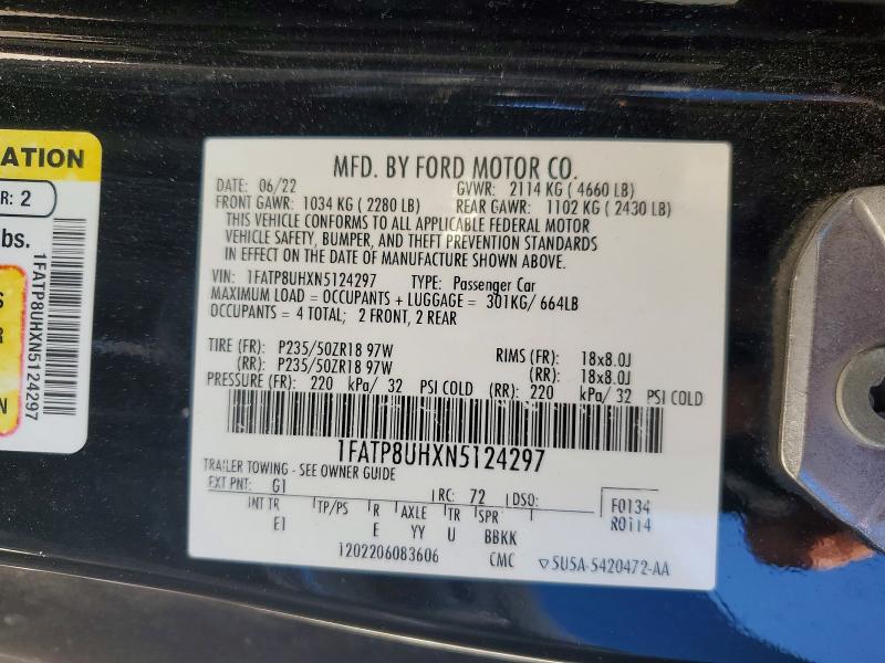 52758306 :رقم المزاد ، 1FATP8UHXN5124297 vin ، 2022 Ford Mustang مزاد بيع