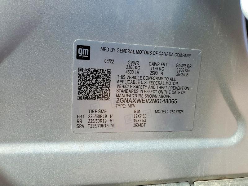 2022 Chevrolet Equinox მანქანა იყიდება აუქციონზე, vin: 2GNAXWEV2N6148065, აუქციონის ნომერი: 53902696