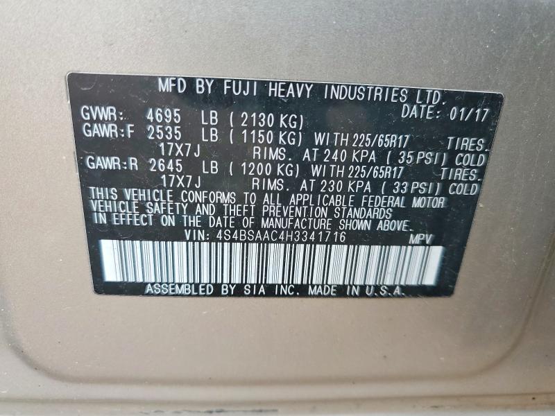 Aukcja sprzedaży 2017 Subaru Outback, vin: 4S4BSAAC4H3341716, numer aukcji: 52298516