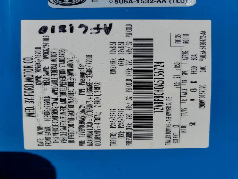 53646046 :رقم المزاد ، 1ZVBP8CH0A5156724 vin ، 2010 Ford Mustang مزاد بيع