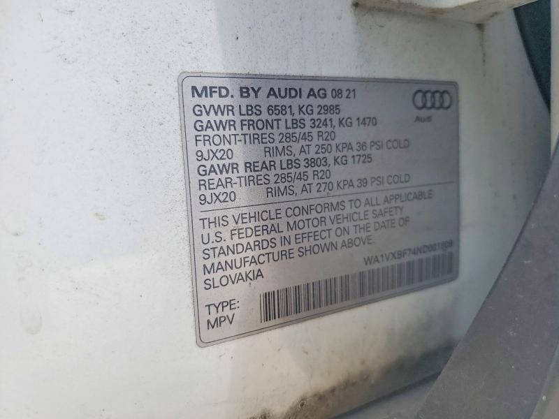 Aukcja sprzedaży 2022 Audi Q7, vin: WA1VXBF74ND001809, numer aukcji: 52609986