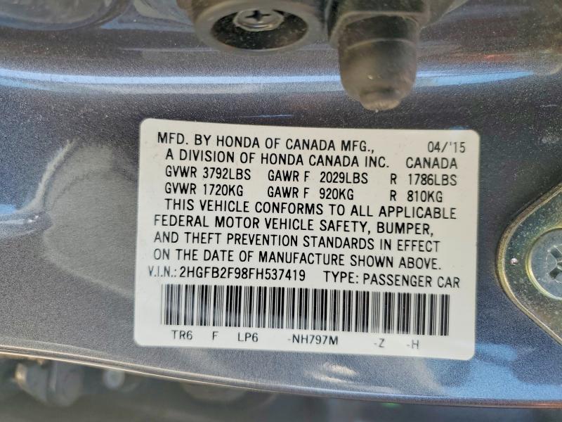 55125956 :رقم المزاد ، 2HGFB2F98FH537419 vin ، 2015 Honda Civic مزاد بيع