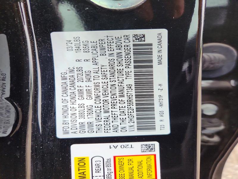 2024 Honda Civic მანქანა იყიდება აუქციონზე, vin: 2HGFE2F56RH571349, აუქციონის ნომერი: 52559116