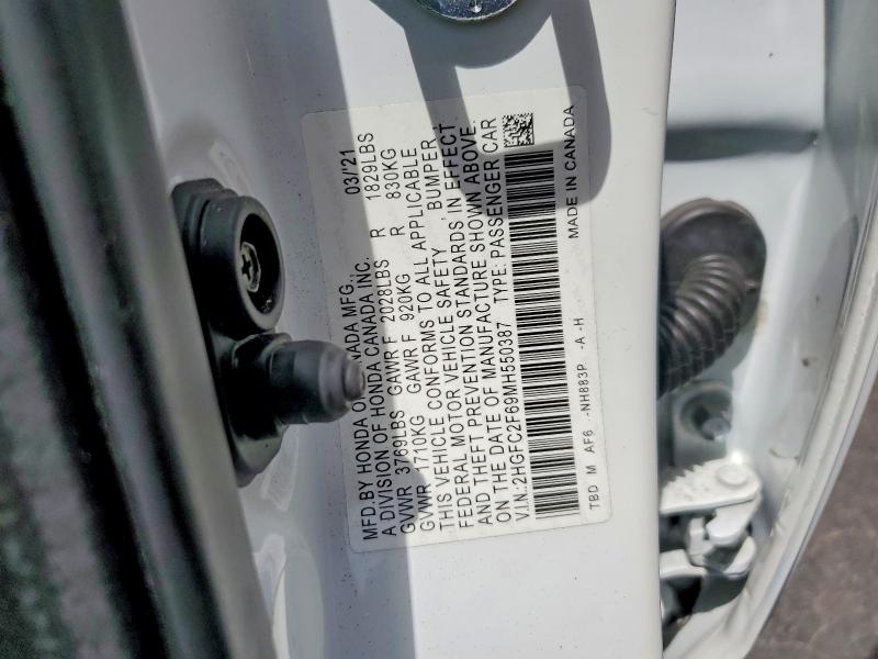 2021 Honda Civic Lx მანქანა იყიდება აუქციონზე, vin: 2HGFC2F69MH550387, აუქციონის ნომერი: 53201196