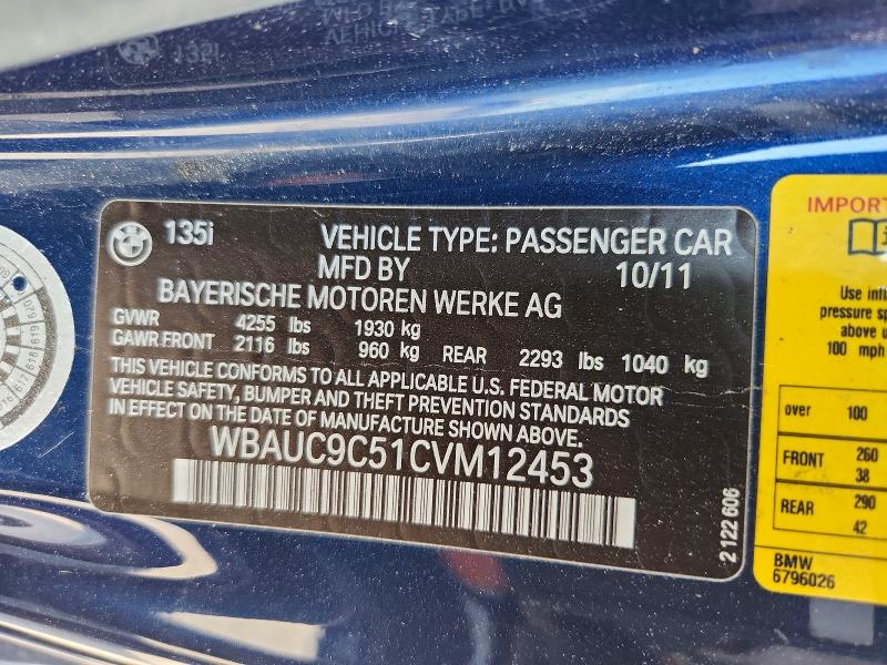 54109776 :رقم المزاد ، WBAUC9C51CVM12453 vin ، 2012 Bmw 135 مزاد بيع