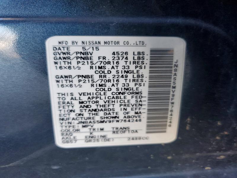54257766 :رقم المزاد ، JN8AS5MV9FW764246 vin ، 2015 Nissan Rogue Select مزاد بيع