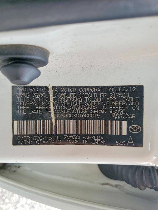 52710806 :رقم المزاد ، JTDKN3DUXC1600015 vin ، 2012 Toyota Prius مزاد بيع