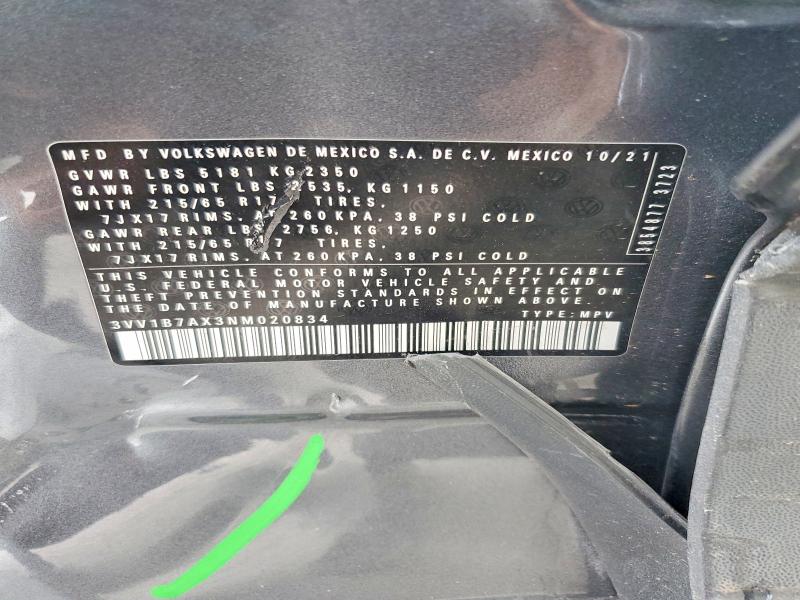 2022 Volkswagen Tiguan მანქანა იყიდება აუქციონზე, vin: 3VV1B7AX3NM020834, აუქციონის ნომერი: 54460446