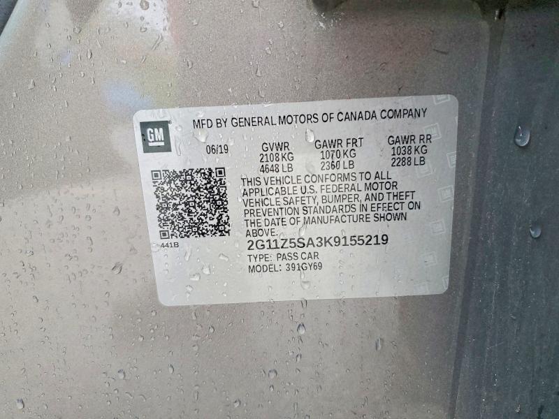 2019 Chevrolet Impala მანქანა იყიდება აუქციონზე, vin: 2G11Z5SA3K9155219, აუქციონის ნომერი: 53573286
