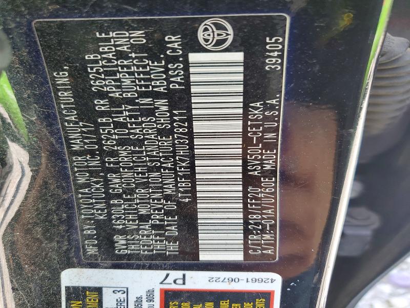 52241416 :رقم المزاد ، 4T1BF1FK7HU378211 vin ، 2017 Toyota Camry مزاد بيع