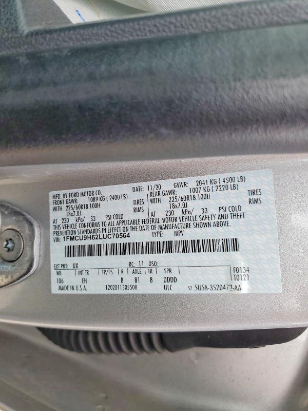 2020 Ford Escape მანქანა იყიდება აუქციონზე, vin: 1FMCU9H62LUC70564, აუქციონის ნომერი: 53345176