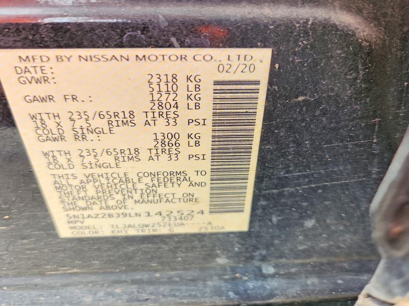 55233316 :رقم المزاد ، 5N1AZ2BJ9LN142524 vin ، 2020 Nissan Murano مزاد بيع